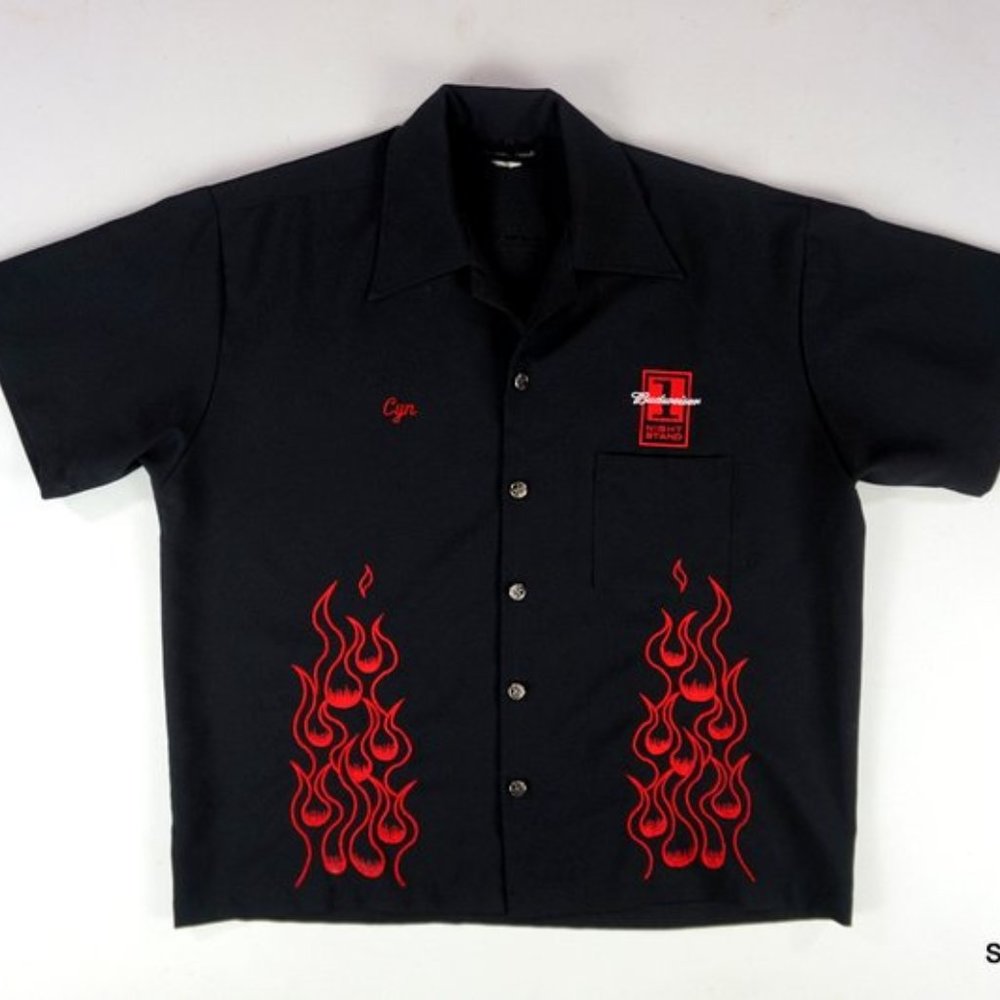 BUDWEISER 1 NIGHT STAND Embroidered Button Up Shirt Flames XL Johnny Suede CYN